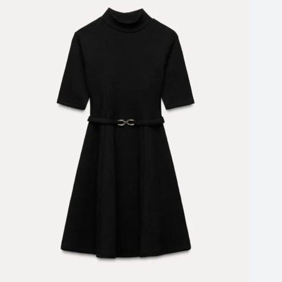 ✨ ZARA Stretch Knit Skater Dress w/ Belt – NEW – Classic Black ✨ - Picture 1 of 2